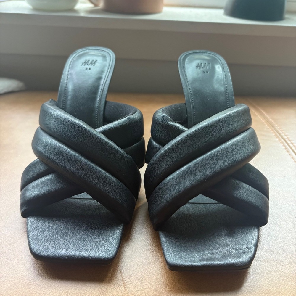 H&M Black Padded Crossover Square Toe Mule Kitten Heels Sandals 1056870 5 Mens 8 - Picture 3 of 7